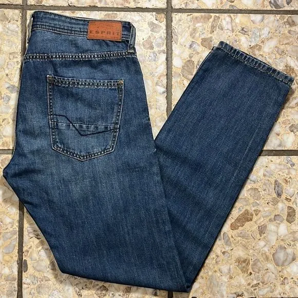 ESPRIT Men's Linen Blend Straight Leg Denim Jeans Medium Blue Wash Size 33 x 34