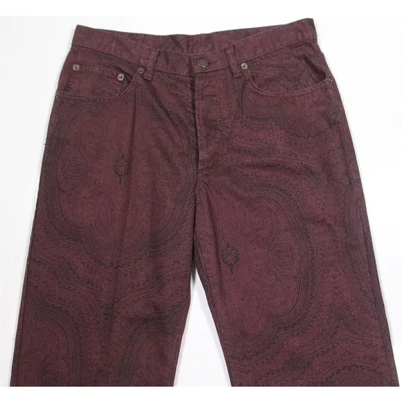 Etro Purple Burgundy/Black Paisley Boot-Cut Button-Fly Jeans 32x29