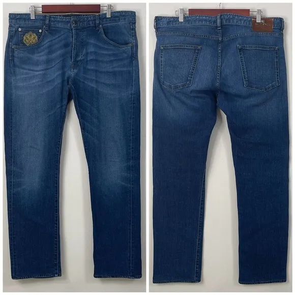 ETRO Men’s Slim Fit Jeans Size 38 Blue Yellow Embroidered Pocket Button Fly