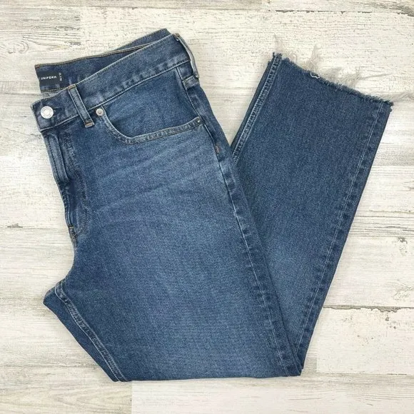 EVERLANE Uniform The Slim Jean Raw Distressed Hem Dark Indigo Fade Sz 34.