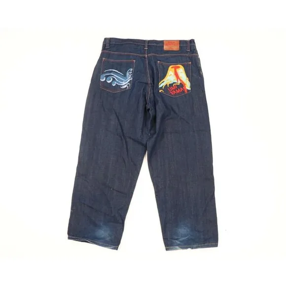 Vintage 90s EVISU Streetwear Mens 40x32 Umi Yama Sea Mountain Denim Jeans Blue