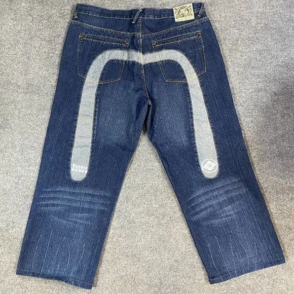 Evisu Jeans 44 x 29 Blue Baggy Y2K 100% Cotton Button Fly 100% Cotton