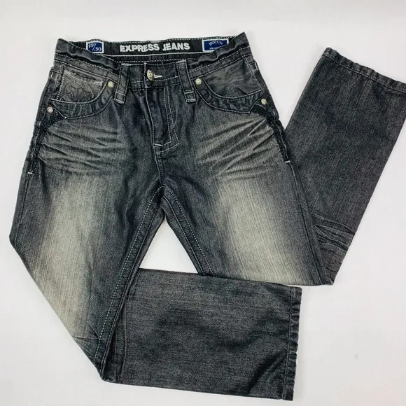 Express Jeans Mens 29 x 30 Rocco Slim Straight Faded Whiskers (29 x 27 1/2)