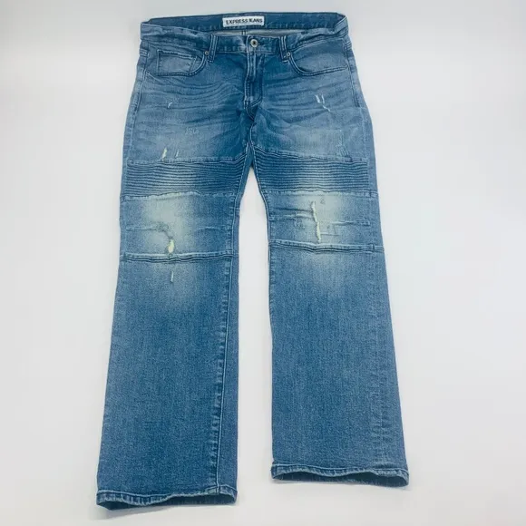 Express Jeans Mens 36 x 32 Blue Rocco Slim Fit Skinny Lt Wash Whiskers (36 x 31)