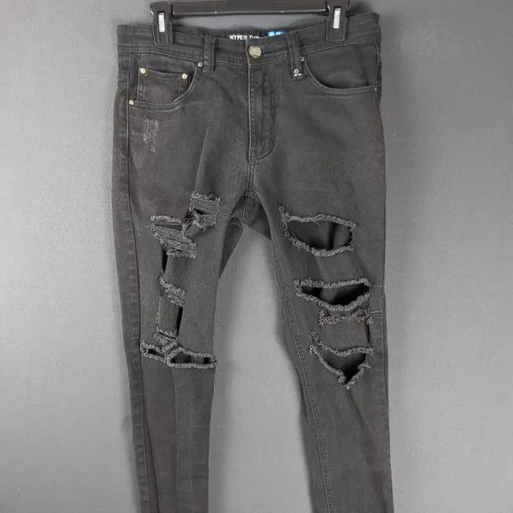 Express Jeans Men 30x30 Slim Fit Black Denim Fade Zip Retro Zipper Distress Pant