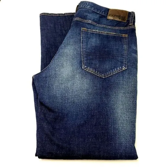 Express Blake Loose Fit Denim Jeans 37/32 Dark Blue Straight Leg Enzyme Wash