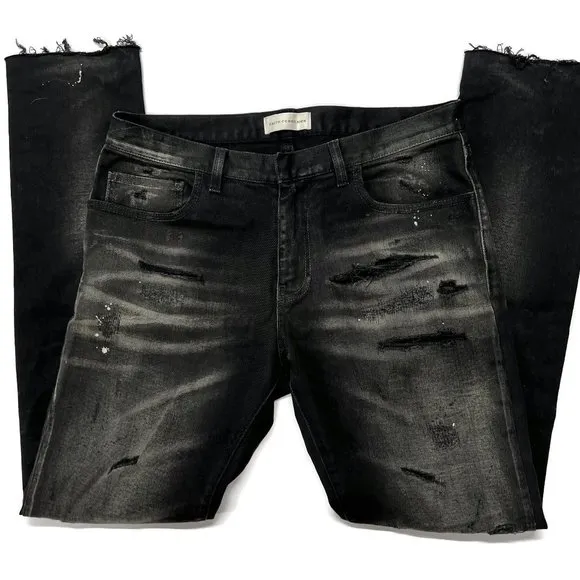 Faith Connexion Destroy Denim Slim Pant Mens 31 x 31 Black Paint Splatter Italy