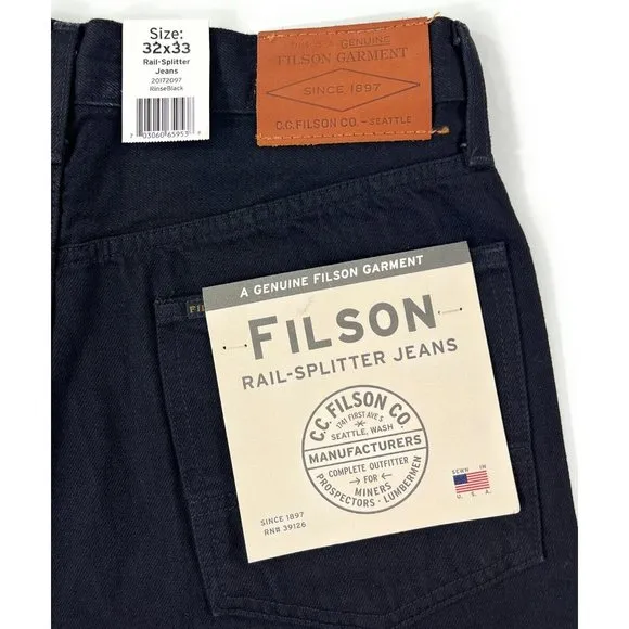 Filson Rail Splitter Straight Leg Jeans Mens 32x33 Black Rinse Made In USA
          
      NWT