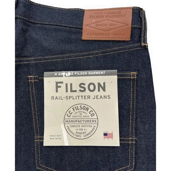 Filson Rail Splitter Straight Leg Jeans Mens 36x34 Raw Indigo Made In USA