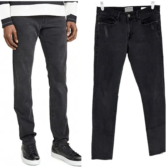 FRAME DENIM MEN’S L’HOMME STRAIGHT SKINNY LEG DISTRESSED CHIMNEY ROCK 32