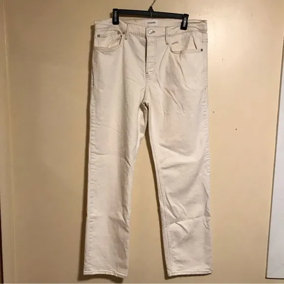 FRAME Denim The Straight Jean Ivory Off White Pants Jeans Mid Rise Button Fly