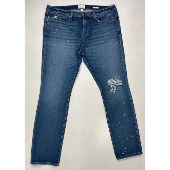 FRAME L'Homme Skinny Clipper Denim Jeans Men 40 X 32 Blue Paint Splatter LMHK466