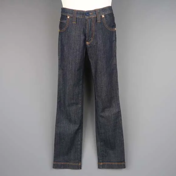 FRANKIE MORELLO 30 Indigo Contrast Stitch Denim Gold Skull Crossbones Stud Jeans
