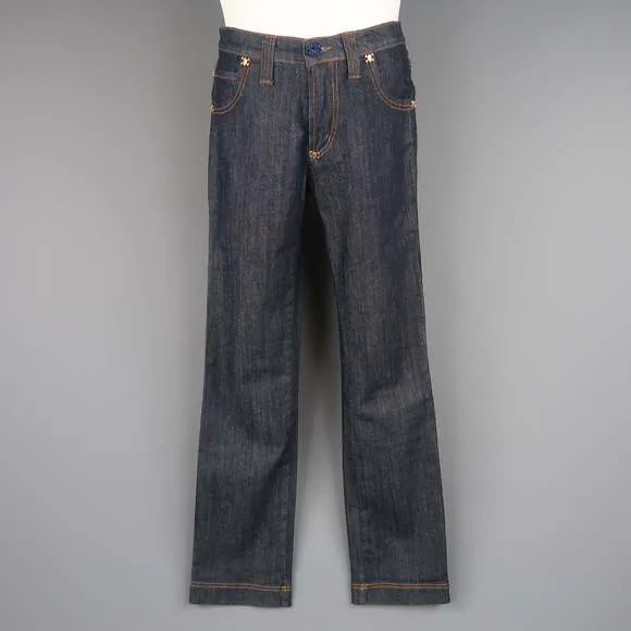 FRANKIE MORELLOIndigo Contrast Stitch Denim Gold Skull Crossbones Stud Jeans