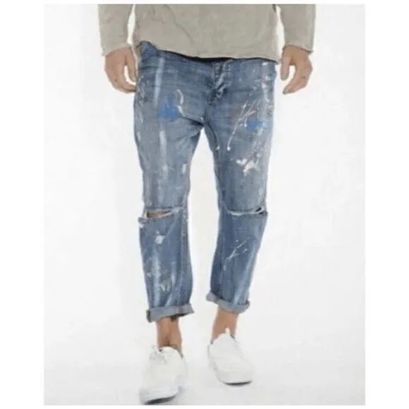 One Teaspoon Blue Suede Paint Splattered Cuffed Distressed Relaxed Leg Jean
              
      NWT