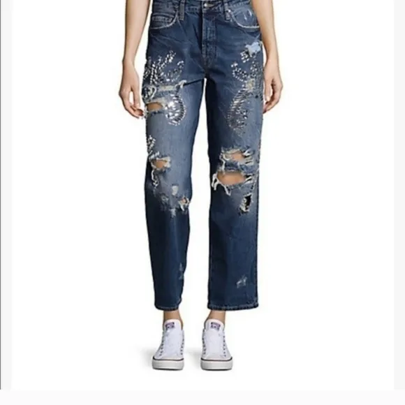 Free People Blue Relaxed Jeans with Distressed Details