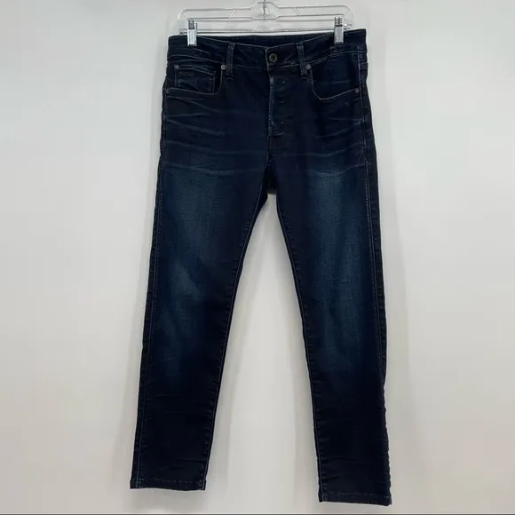 G-Star 3301 Slim Jeans Mens 32x27 Dark Blue Whiskering Button Fly