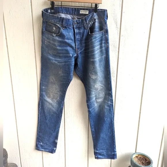 G-star RAW 3301 Tapered Light Distressed Restored button fly Jeans Size 34/34