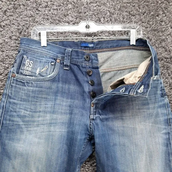 G Star Raw Jeans Men 30x30 Blue Button Fly 3301 Straight Faded Zip Pocket Pants