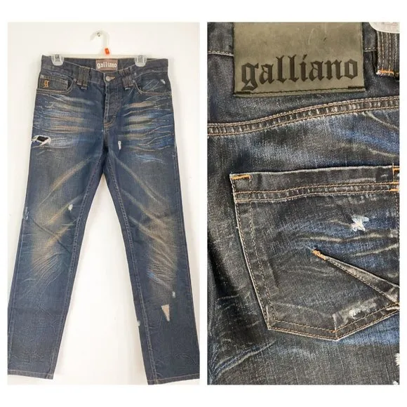Galliano Men's Distressed Dark Wash Straight Leg Jeans 32W