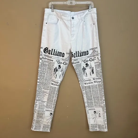 Galliano Printed White Stretch Jeans 34w x 30i Gently worn Cotton / spandex