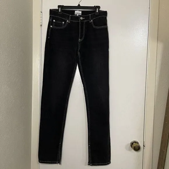 NWOT GANNI Men's Black wash straight leg split hem denim jeans size US 29 x 34