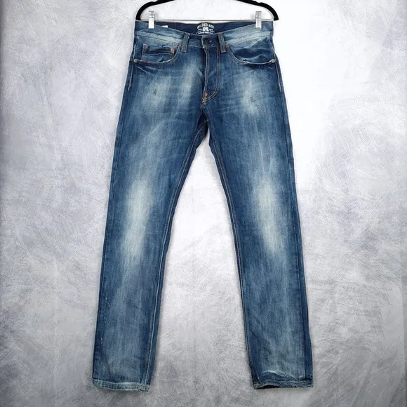 Gilded Age Jeans Mens 31x32 Blue Straight Button Fly Distressed Logo Italy