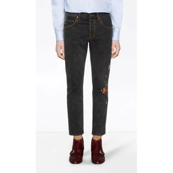 NWT Gucci Embroidered Motif Slim-fit Jeans In Black Size 32
          
      NWT