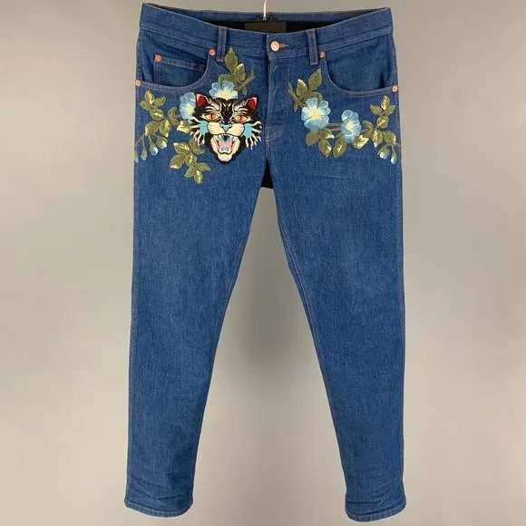 GUCCI Size 34 Blue Multi-Color Embroidery Denim Straight Jeans