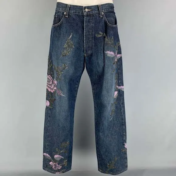 GUCCI by Tom Ford Fall 1999 Blue Lavender Gunmetal Floral Embroidery Denim Jeans