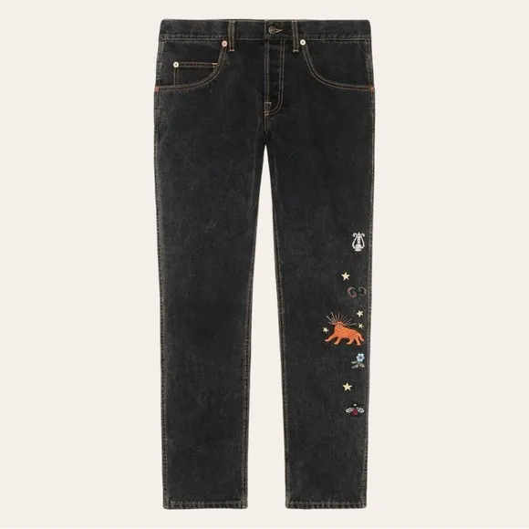 Gucci Motif Embroidered Straight Leg Mens Grey Jeans