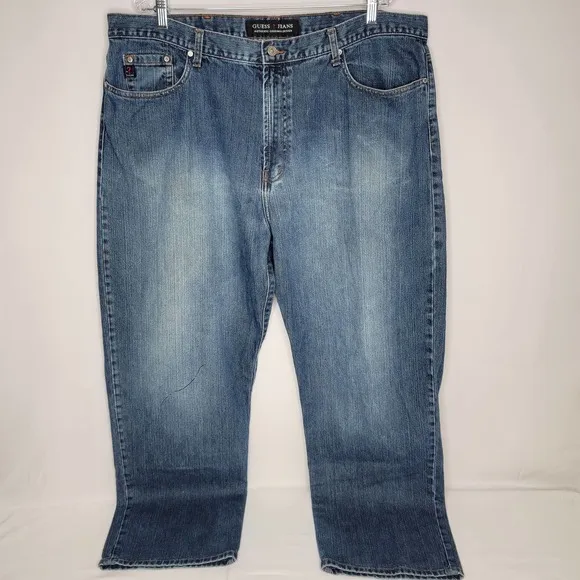 VTG GUESS Jeans DSN# 10M 11 Men's 42x32 Green Triangle Logo Medium Denim 90s