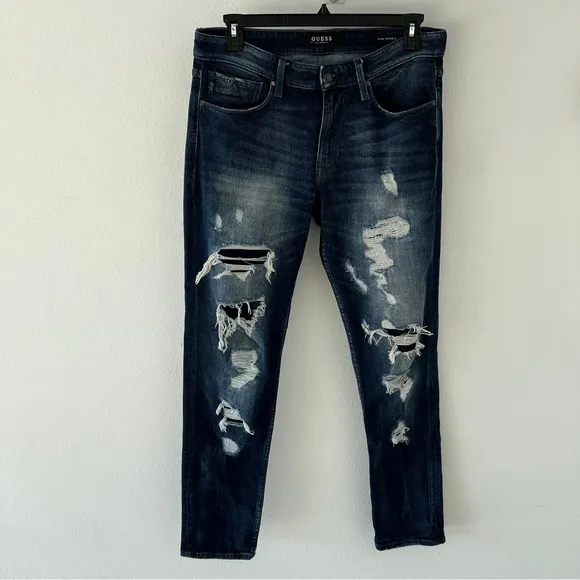 Guess mens slim tapered leg distressed dark wash denim jeans 34x31 EUC