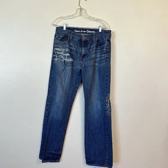 Guess Crescent Fit Mens Jeans 34x31 Blue Distressed Relaxed Fit