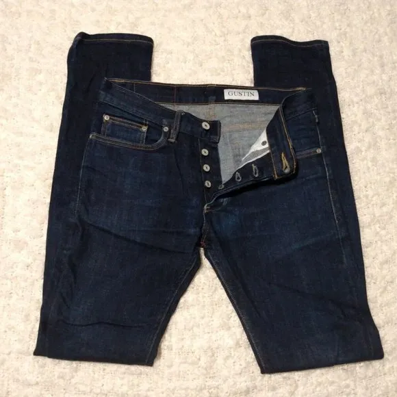 GUSTIN Denim Jeans Men’s Waist Slim Fit 239 Dark Blue 116699 Button Fly 30 X 33