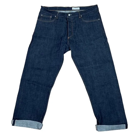 Gustin NWOT Straight Button Fly Dark Wash Raw Hem Jeans Sz 40 x 29.5