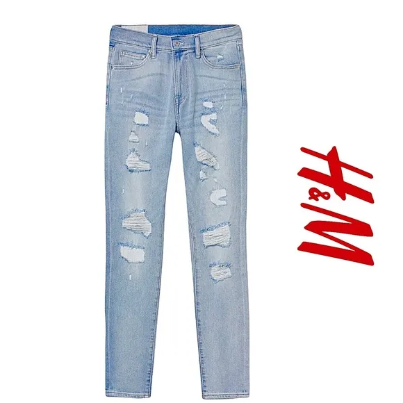 H&M &Denim Trashed Light Blue Skinny Denim Jeans