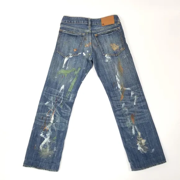 Reworked H&M Bragg Fit Acid Washed Paint Splattered Art Denim Blue Painted Jeans