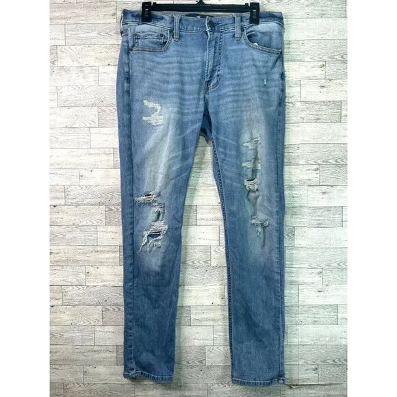 Hollister Skinny Jeans Men's Size 33x32 Blue Advanced Stretch‎ Distressed