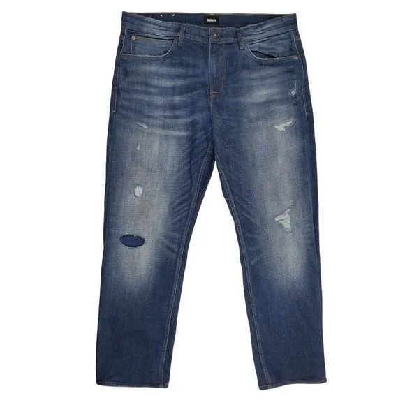 Hudson Men's Straight Factory Distress Medium Wash Denim Jeans Size 38x31 $198