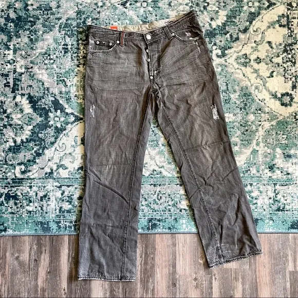 Hugo Boss Handcrafted Distressed Button Fly Brown Straight Leg Jeans Sz 38 x 32