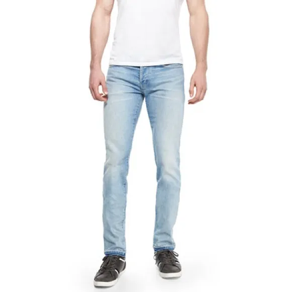 J BRAND tyler slim fit jeans otto wash light blue whisker thigh detail