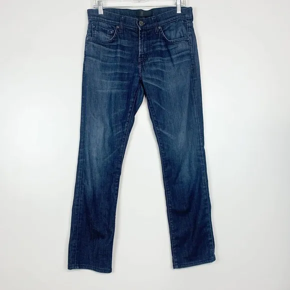 J Brand Jeans Mens 30x29 Kane Straight Leg Dark Wash Blue Whiskering Altered Hem