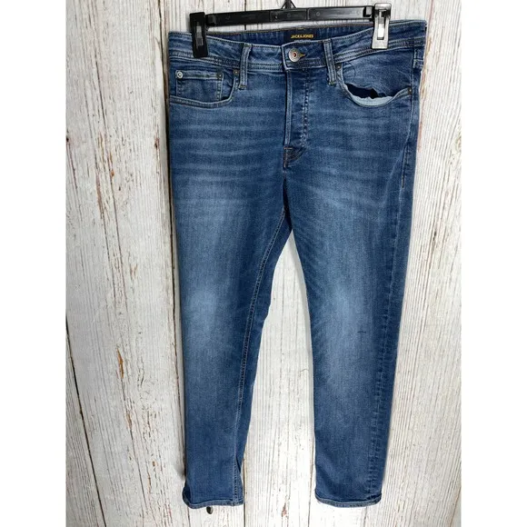JACK & JONES Men 30 Dark Wash Slim Straight Leg Denim Jeans Mid Rise Pocket Blue