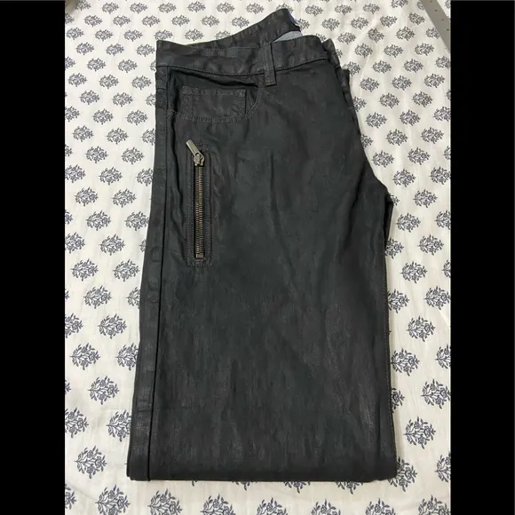Black Metallic Waxed Denim Moto Jeans