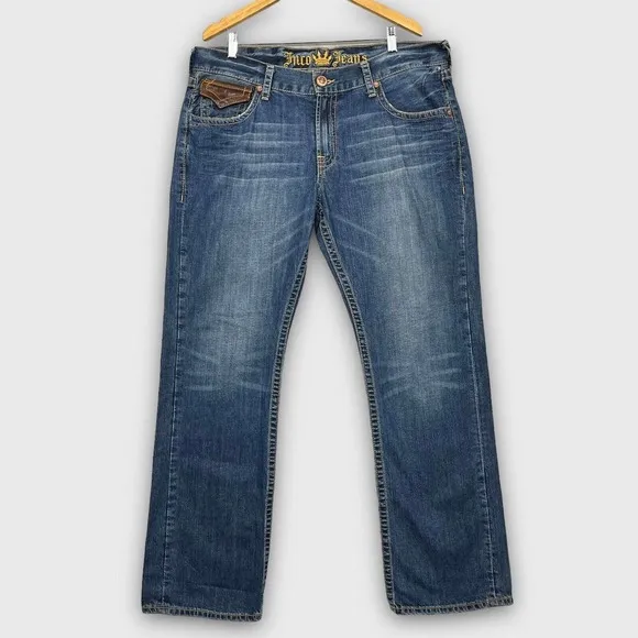 JNCO Jeans Mens 40 Blue Washed Leather Pockets Patch Straight Leg Denim Jeans