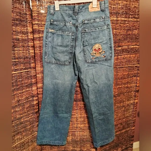90s retro JNCO skater jeans. Skull and bones embroidery