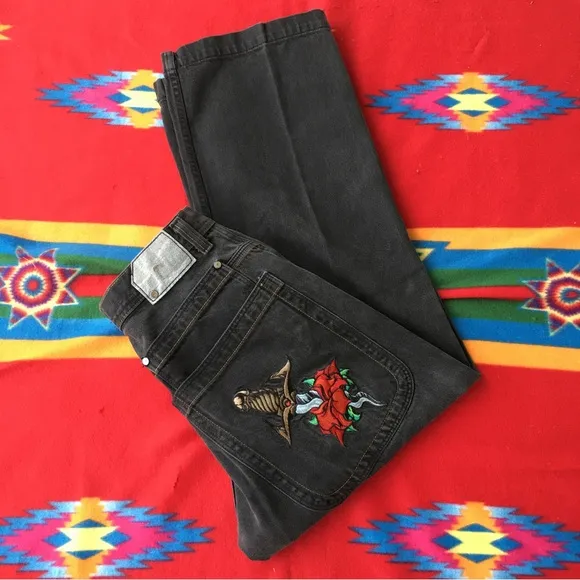 Vintage JNCO  Baggy Black Denim Jeans Dagger & Rose 90’s Skater Streetwear RARE