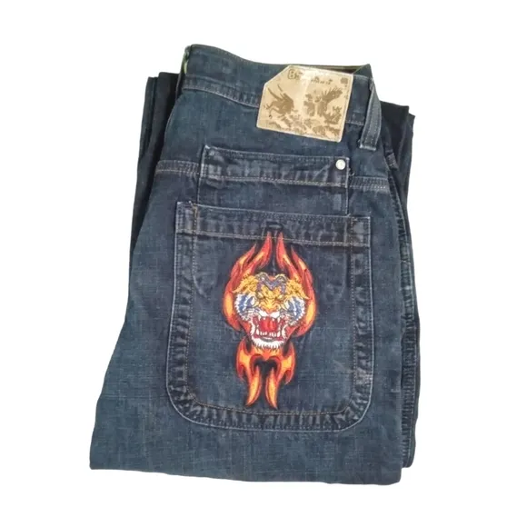 JNCO Vintage 90's Y2K Jeans Embroidered Flaming Tiger Size 20 32×30