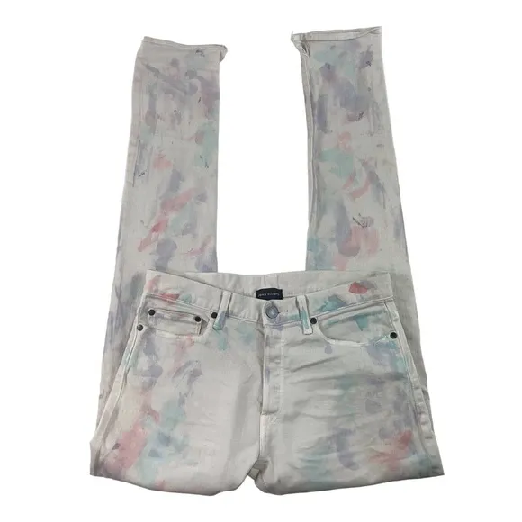 John Elliot White Blue Pink Paint Splatter Button Fly Mens Jean 30X33